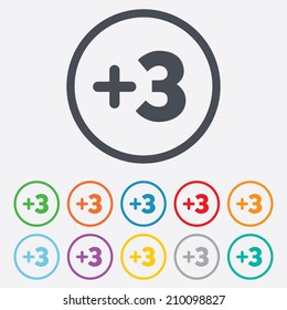Plus three sign. Add three symbol. Three more. Round circle buttons with frame. Vector