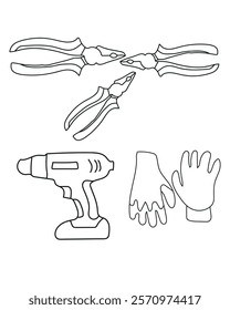 Plus Tools, Portable Drill, Hand Gloves Construction tools are essential for a wide range of tasks in the building and construction industry. A vector illustration of construction tool