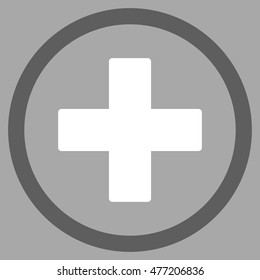 Plus vector bicolor rounded icon. Image style is a flat icon symbol inside a circle, dark gray and white colors, silver background.