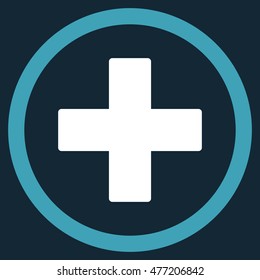 Plus vector bicolor rounded icon. Image style is a flat icon symbol inside a circle, blue and white colors, dark blue background.