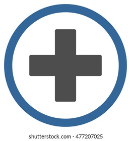 Plus vector bicolor rounded icon. Image style is a flat icon symbol inside a circle, cobalt and gray colors, white background.