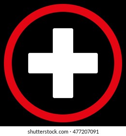 Plus vector bicolor rounded icon. Image style is a flat icon symbol inside a circle, red and white colors, black background.
