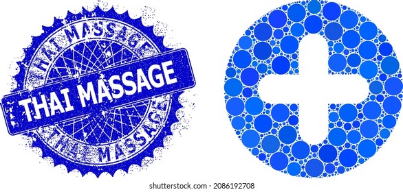 Plus vector collage of round dots in variable sizes and blue color hues, and scratched Thai Massage badge. Blue round sharp rosette badge includes Thai Massage caption inside.