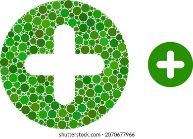 Plus vector composition of circle dots in variable sizes and color shades. Dots are united into plus vector illustration. Abstract vector illustration.