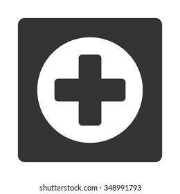Plus vector icon. Style is flat rounded square button, white and gray colors, white background.