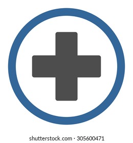 Plus vector icon. This rounded flat symbol is drawn with cobalt and gray colors on a white background.