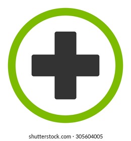 Plus vector icon. This rounded flat symbol is drawn with eco green and gray colors on a white background.