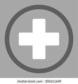 Plus vector icon. This rounded flat symbol is drawn with dark gray and white colors on a silver background.
