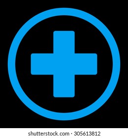 Plus vector icon. This rounded flat symbol is drawn with blue color on a black background.