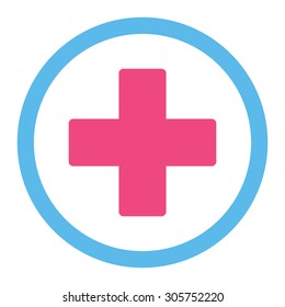 Plus vector icon. This rounded flat symbol is drawn with pink and blue colors on a white background.