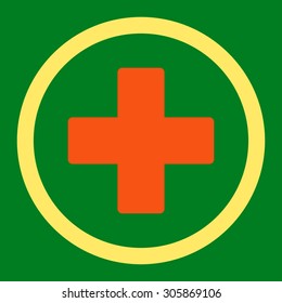 Plus vector icon. This rounded flat symbol is drawn with orange and yellow colors on a green background.
