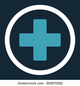 Plus vector icon. This rounded flat symbol is drawn with blue and white colors on a dark blue background.