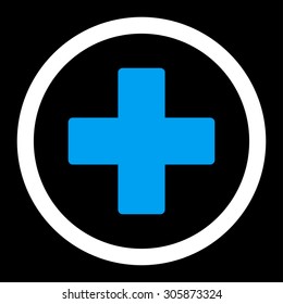 Plus vector icon. This rounded flat symbol is drawn with blue and white colors on a black background.