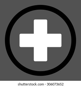 Plus vector icon. This rounded flat symbol is drawn with black and white colors on a gray background.