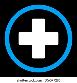 Plus vector icon. This rounded flat symbol is drawn with blue and white colors on a black background.