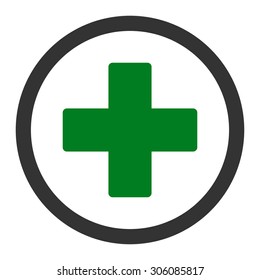 Plus vector icon. This rounded flat symbol is drawn with green and gray colors on a white background.