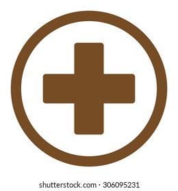 Plus vector icon. This rounded flat symbol is drawn with brown color on a white background.