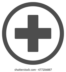 Plus vector rounded icon. Image style is a flat icon symbol inside a circle, gray color, white background.