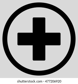 Plus vector rounded icon. Image style is a flat icon symbol inside a circle, black color, light gray background.