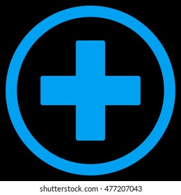 Plus vector rounded icon. Image style is a flat icon symbol inside a circle, blue color, black background.