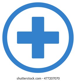 Plus vector rounded icon. Image style is a flat icon symbol inside a circle, cobalt color, white background.