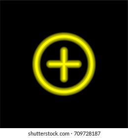 Plus yellow glowing neon ui ux icon. Glowing sign logo vector