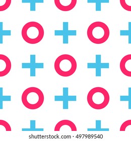 Plus and zero. X and O diagonally. Seamless pattern monochrome. Abstract background for wallpaper and paper. Vector illustration pink and blue elements.