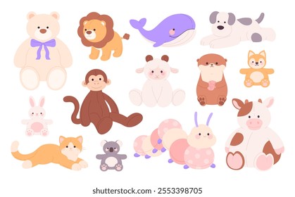 Plush animal toys. Funny textile animals for play, children little fabric friends. Toy monkey cat bear lion dog, fat cow. Childish racy vector collection