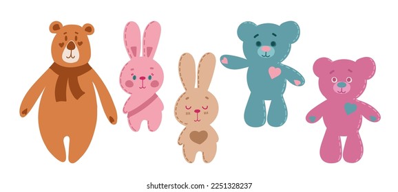 Plush animals, funny soft toys for children. Vector cartoon set of cute fluffy playthings, pretty textile teddy bears, and rabbits. Pets and wild animals isolated on white background