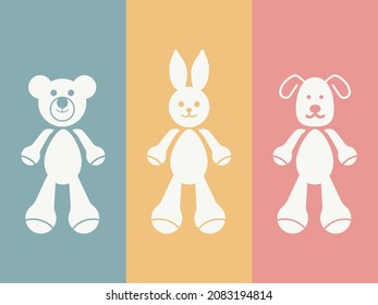 Coloca a los animales juguetear un icono plano. Oso vectorial Teddy, juguete de peluche de conejo y perro. Diseño mínimo de elementos para la ilustración vectorial de signo del logotipo. Niños y juguetes, Señal de animales, Gráficos vectoriales.