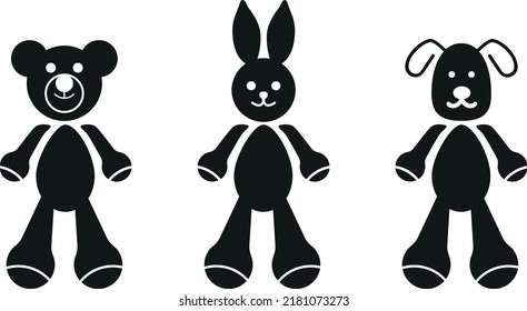 Plush animals toy flat icon. Vector Teddy bear, rabbit and dog plush toy. Minimal element design for logo sign vector illustration. Child and toy, Animal sign, Vector graphics.