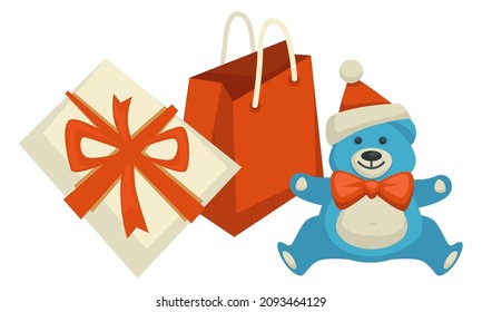 Plush bear with bowtie and Santa Claus hat, isolated presents and gifts for Xmas and new year celebration. Isolated packages with ribbon bows, box with holiday surprises. Vector in flat style