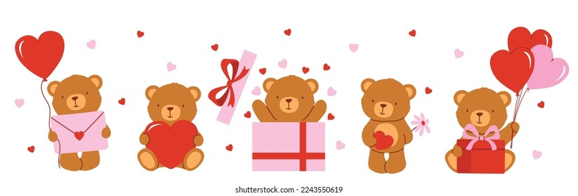 Plush bear with pink and red balloons and presents. Vector illustration.