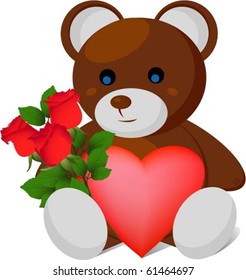 Plush bear with red heart and rose bouquet (vector illustration)