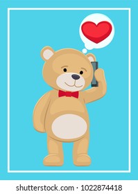 Plush bear toy speaking on telephone with his passion girlfriend, lovely male bear greets with Valentine's Day vector illustration