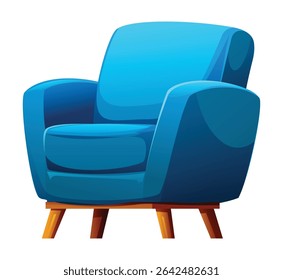 Plush blue armchair with a sturdy wooden base, offering a comfortable and inviting seating option. Vector cartoon illustration