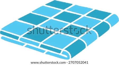 A plush blue towel folded into a neat stack with visible edge stitching.