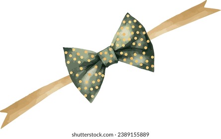Plush bow in deep green color with yellow spots on the ribbon, watercolor vector illustration and christmas element. Template for gift decoration, greeting cards, invitation, wedding card.
