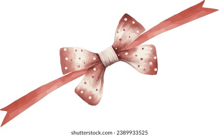 Plush bow in deep red color with white spots on the ribbon, watercolor vector illustration and christmas element. Template for gift decoration, greeting cards, invitation, wedding card, save the date.