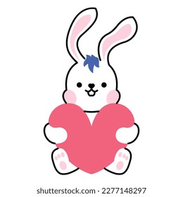 Plush bunny hugging a heart. Sweet toy as a symbol of love for the partner. Gift for a girlfriend. Vector illustration isolated on white. 