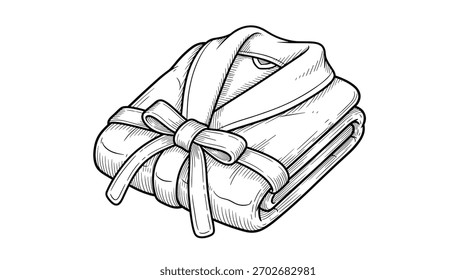 Um roupão de banho luxuoso e confortável bem dobrado com uma gravata.