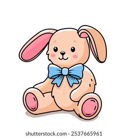 Plush Easter bunny with a bow. Flat vector illustration isolated on white background