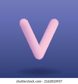 Plush and Fluffy Pink Letter V Isolated. Fur and Shaggy Font. Cute Soft and Realistic. Fine Detailed High Quality Vector.
