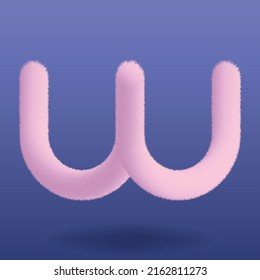 Plush and Fluffy Pink Letter W Isolated. Fur and Shaggy Font. Cute Soft and Realistic. Fine Detailed High Quality Vector.