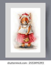 Plush fox toy holding shopping bag, dressed in retro clothes on wall art. Watercolor artwork. Print with doll toy in shape of fox from children collection, in frame with decor for poster