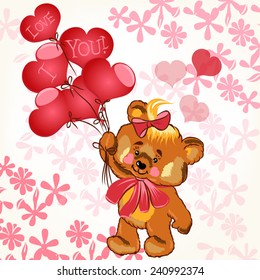 Plush girl bear holding pink balloons in shape of heart 