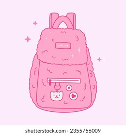 Plush girly backpack with keychain and badges in y2k pink style. Cute school bag for teen girl of 00s. Glamour princess accessory. Flyffy female bag