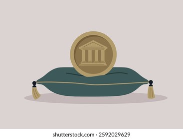 A plush green cushion cradles a golden coin emblazoned with a classic bank building, representing wealth and security in a calm, tranquil environment that inspires confidence