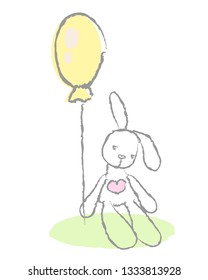 The plush hare holds a balloon. Vector illustration.