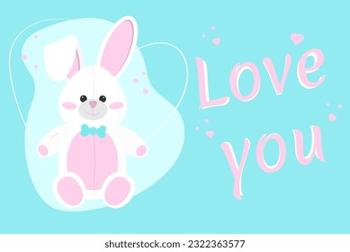 Plush hare on a blue background with hearts in a flat style and the inscription love you. Stylized image.